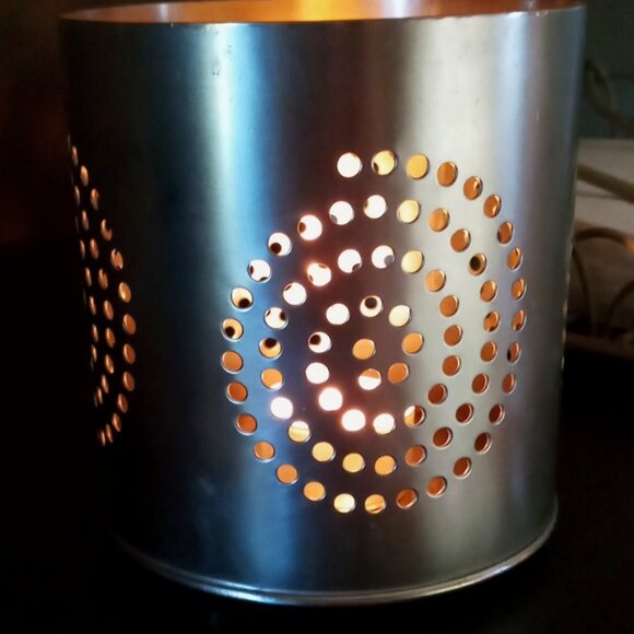 Artsy Silver Metal Cylindrical Candle Holder w/Punched holes in Spiral Designs - Picture 9 of 9